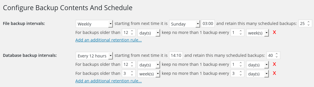 Setting the backup time and retention options