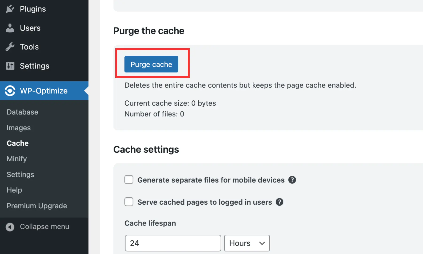 clear-WordPress-cache-in-the-WP-Optimize-plugin-settings