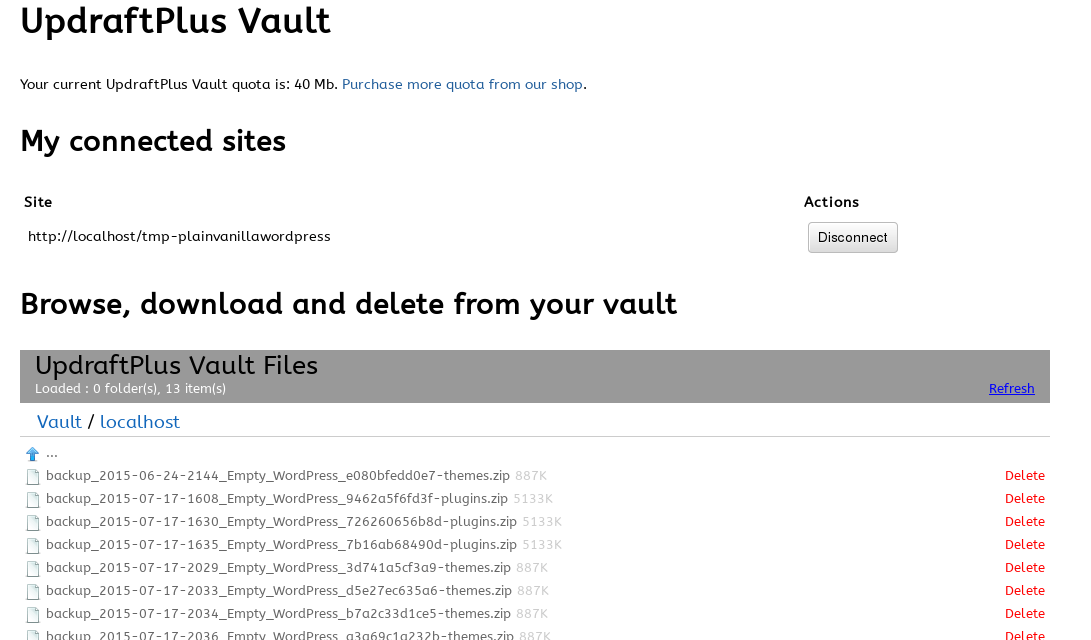 UpdraftPlus Vault dashboard