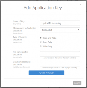 Backblaze application key options