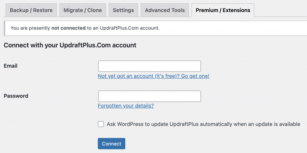 UpdraftPlus Premium/Extensions tab