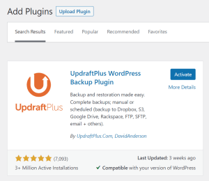 shows screengrab of updraftplus in the plugins menu with a blue button that says 'Activate'
